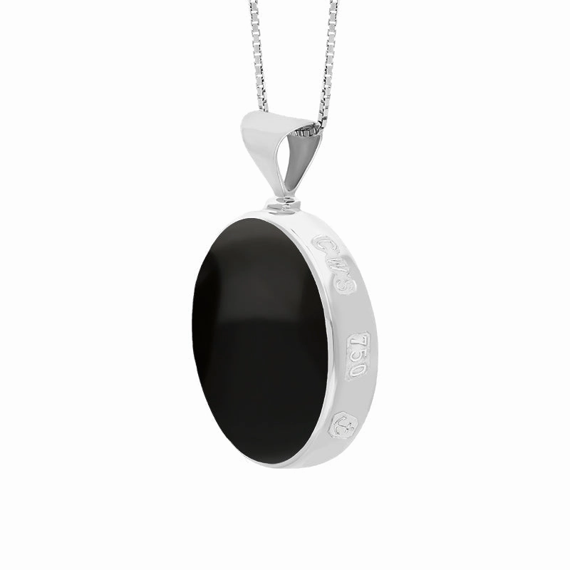 18ct White Gold Whitby Jet Malachite King's Coronation Hallmark Double Sided Round Necklace D