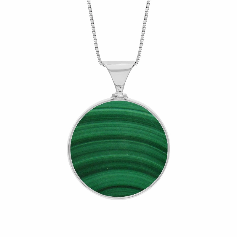 18ct White Gold Whitby Jet Malachite King's Coronation Hallmark Double Sided Round Necklace D