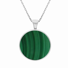 18ct White Gold Whitby Jet Malachite Large Double Sided Round Fob Necklace