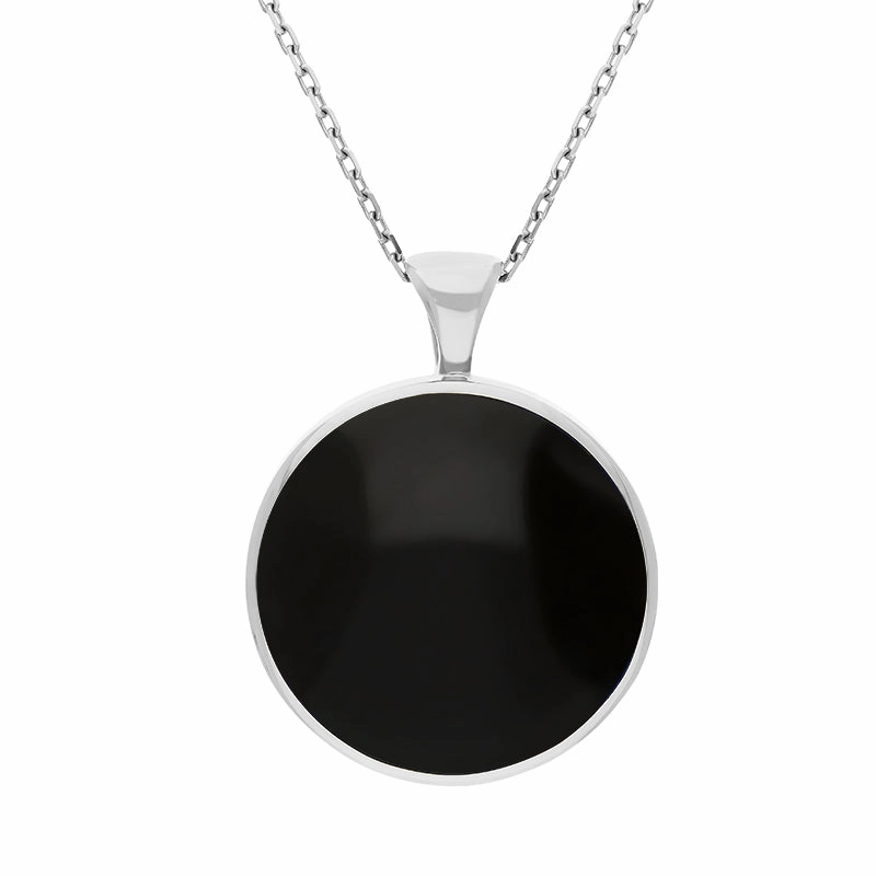 18ct White Gold Whitby Jet Malachite Large Double Sided Round Fob Necklace