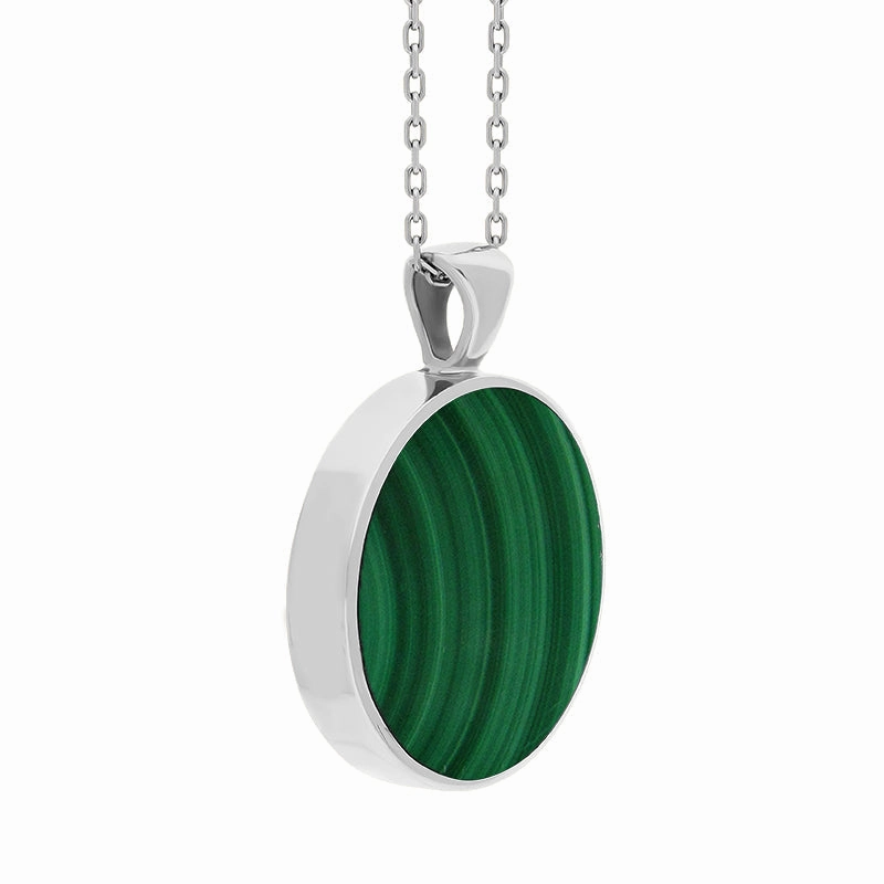 18ct White Gold Whitby Jet Malachite Large Double Sided Round Fob Necklace