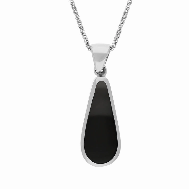 18ct White Gold Whitby Jet Malachite Small Double Sided Pear Cut Fob Necklace