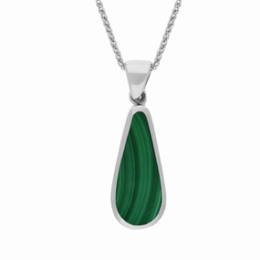 18ct White Gold Whitby Jet Malachite Small Double Sided Pear Cut Fob Necklace