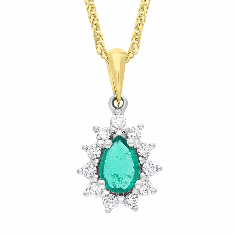 18ct Yellow and White Gold Emerald Diamond Cluster Pear Cut Pendant