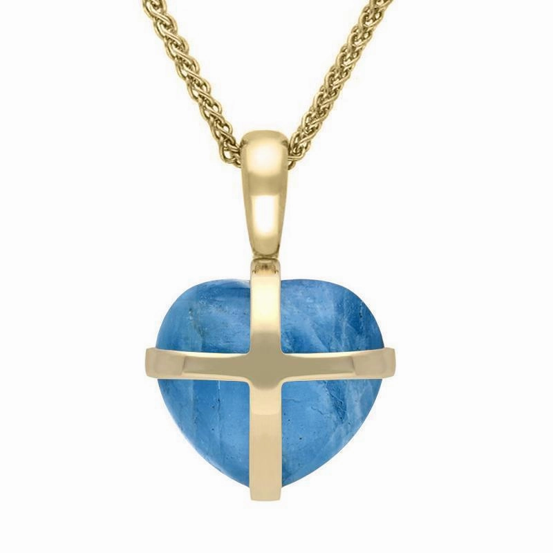 18ct Yellow Gold Aquamarine Small Cross Heart Necklace