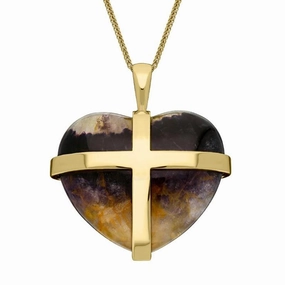18ct Yellow Gold Blue John Large Unique Cross Heart Necklace D