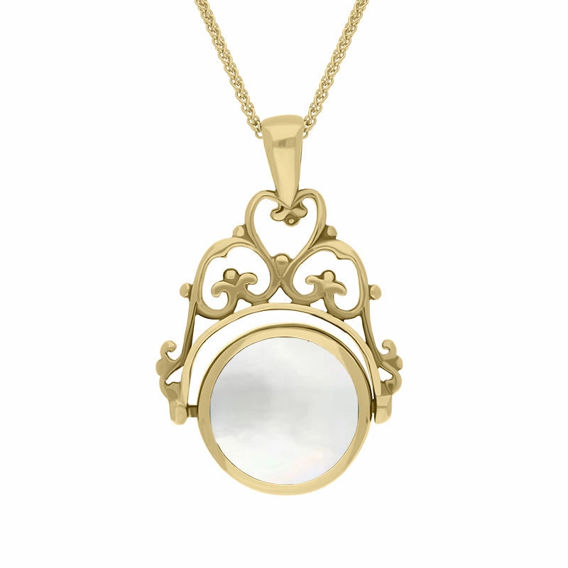 18ct Yellow Gold Blue John Mother Of Pearl Double Sided Round Swivel Fob Necklace