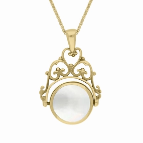 18ct Yellow Gold Blue John Mother Of Pearl Double Sided Round Swivel Fob Necklace