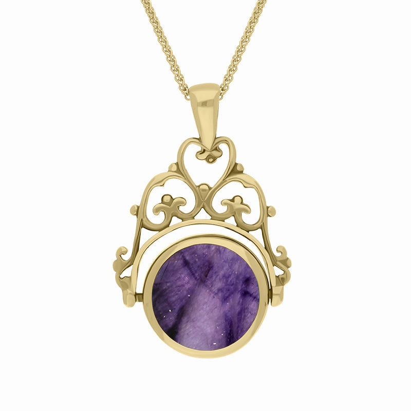 18ct Yellow Gold Blue John Mother Of Pearl Double Sided Round Swivel Fob Necklace