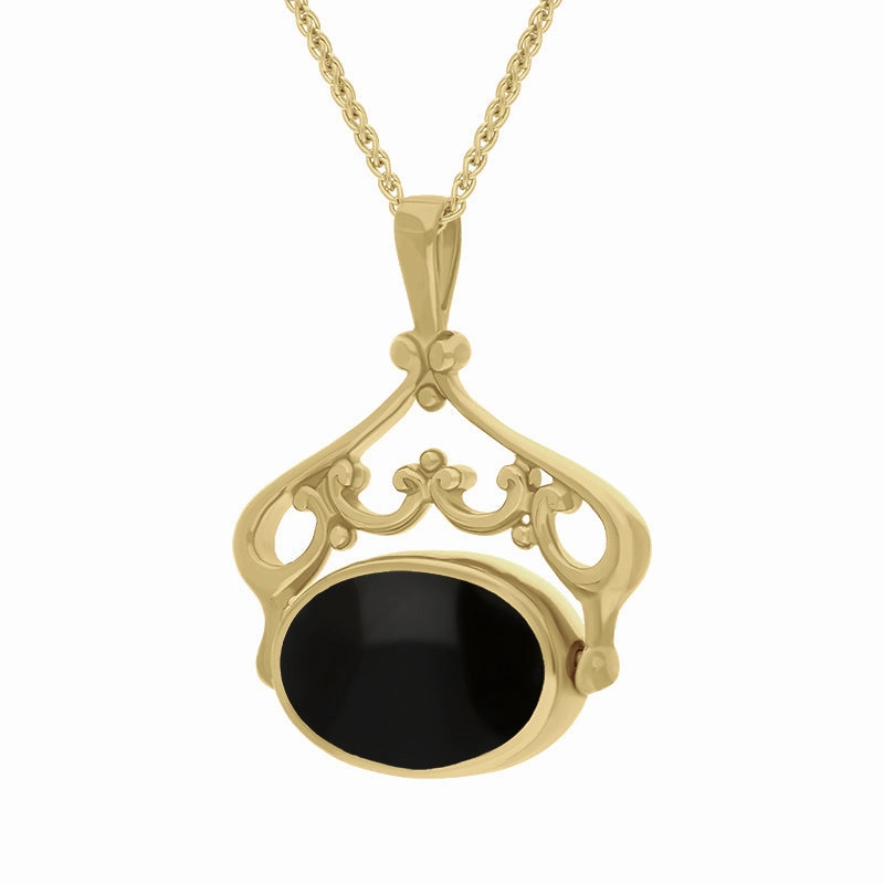 18ct Yellow Gold Blue John Whitby Jet Double Sided Oval Swivel Fob Necklace