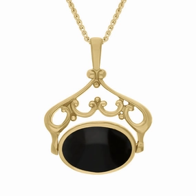 18ct Yellow Gold Blue John Whitby Jet Double Sided Oval Swivel Fob Necklace
