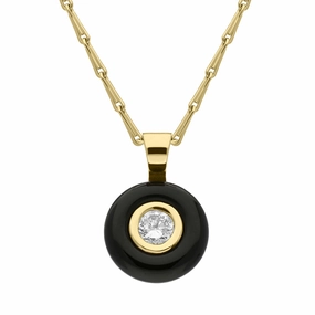 18ct Yellow Gold Onyx Diamond Round Necklace