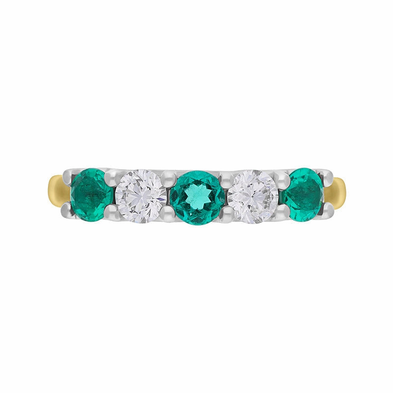 18ct Yellow Gold Platinum Emerald Diamond Five Stone Half Eternity Ring