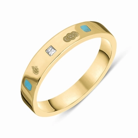 18ct Yellow Gold Turquoise 0.09ct Diamond Queen's Jubilee Hallmark Princess Cut 4mm Ring D