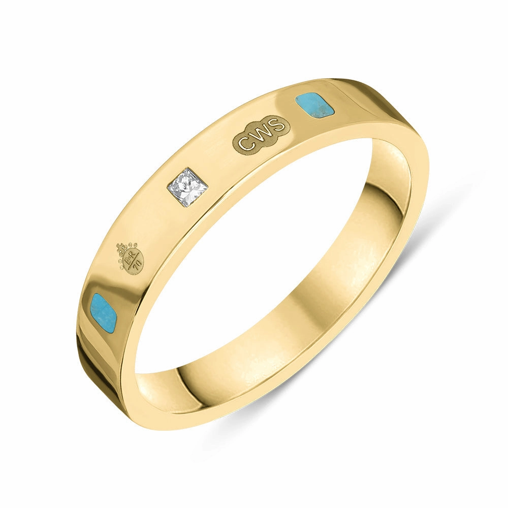 18ct Yellow Gold Turquoise 0.09ct Diamond Queen's Jubilee Hallmark Princess Cut 4mm Ring D