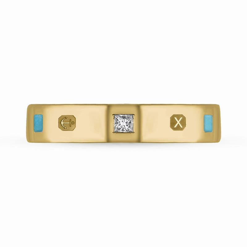 18ct Yellow Gold Turquoise 0.09ct Diamond Queen's Jubilee Hallmark Princess Cut 4mm Ring D