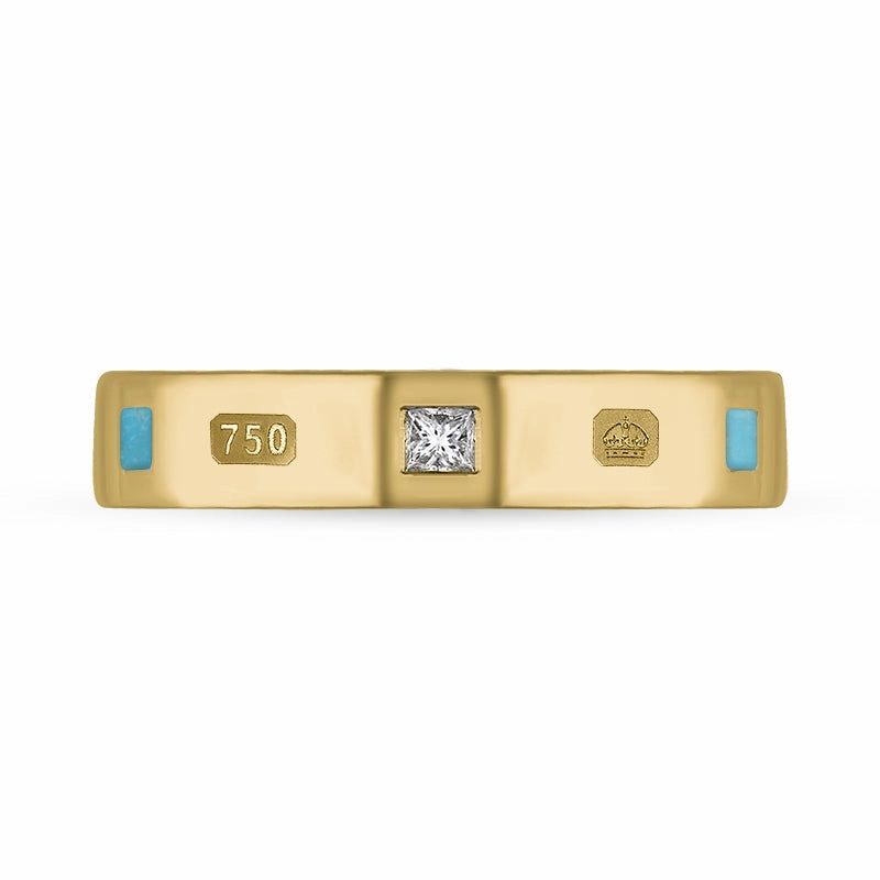 18ct Yellow Gold Turquoise 0.09ct Diamond Queen's Jubilee Hallmark Princess Cut 4mm Ring D