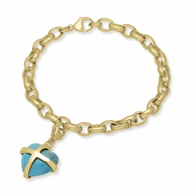 18ct Yellow Gold Turquoise Medium Cross Heart Charm Bracelet