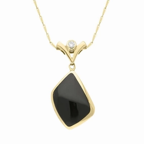 18ct Yellow Gold Whitby Jet 0.10ct Diamond Abstract Shaped Necklace D