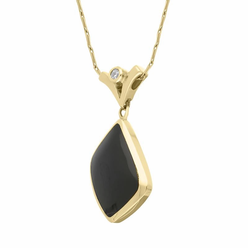 18ct Yellow Gold Whitby Jet 0.10ct Diamond Abstract Shaped Necklace D