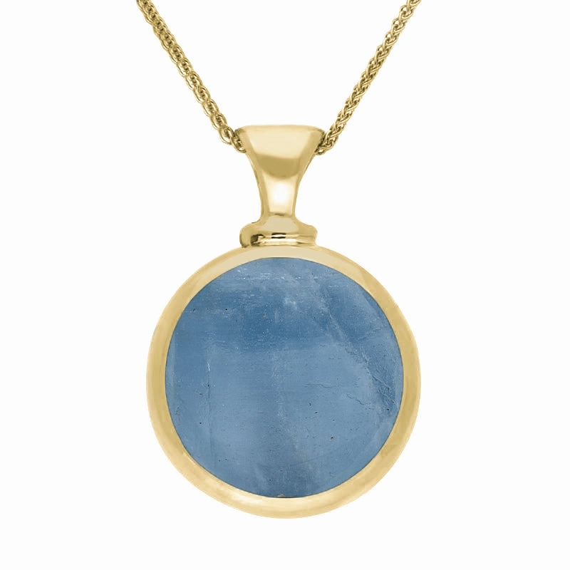 18ct Yellow Gold Whitby Jet Aquamarine Double Sided Round Dinky Fob Necklace