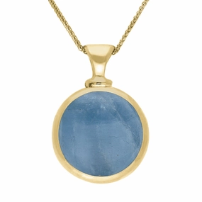 18ct Yellow Gold Whitby Jet Aquamarine Double Sided Round Dinky Fob Necklace