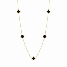 18ct Yellow Gold Whitby Jet Bloom Four Leaf Clover Ball Edge Necklace
