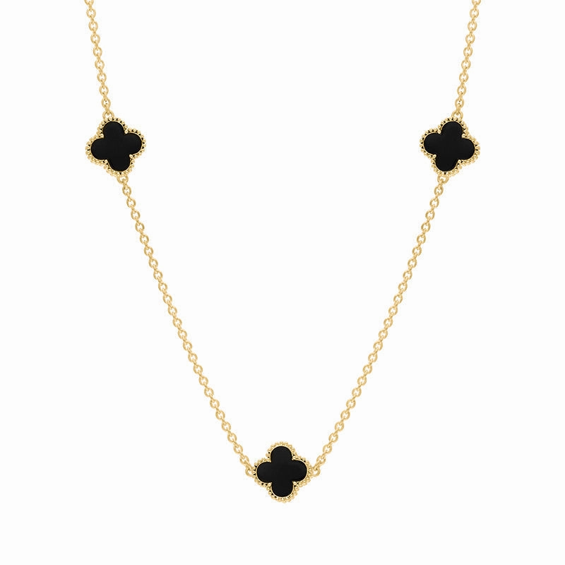 18ct Yellow Gold Whitby Jet Bloom Four Leaf Clover Ball Edge Necklace