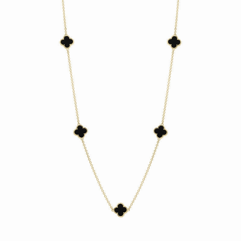 18ct Yellow Gold Whitby Jet Bloom Four Leaf Clover Ball Edge Necklace