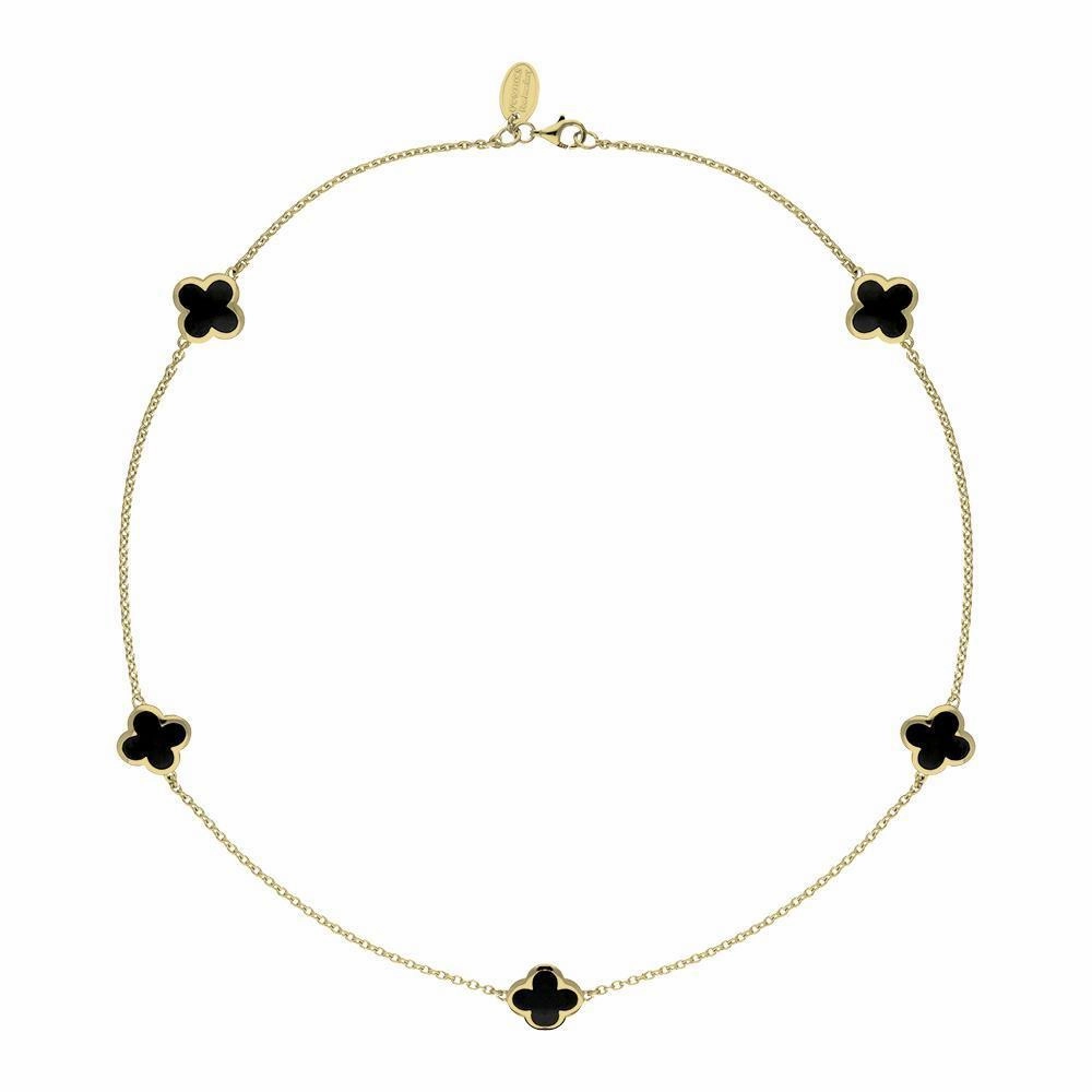 18ct Yellow Gold Whitby Jet Bloom Four Leaf Clover Necklace