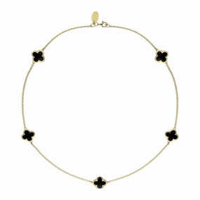 18ct Yellow Gold Whitby Jet Bloom Four Leaf Clover Necklace