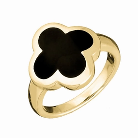 18ct Yellow Gold Whitby Jet Bloom Four Leaf Clover Ring