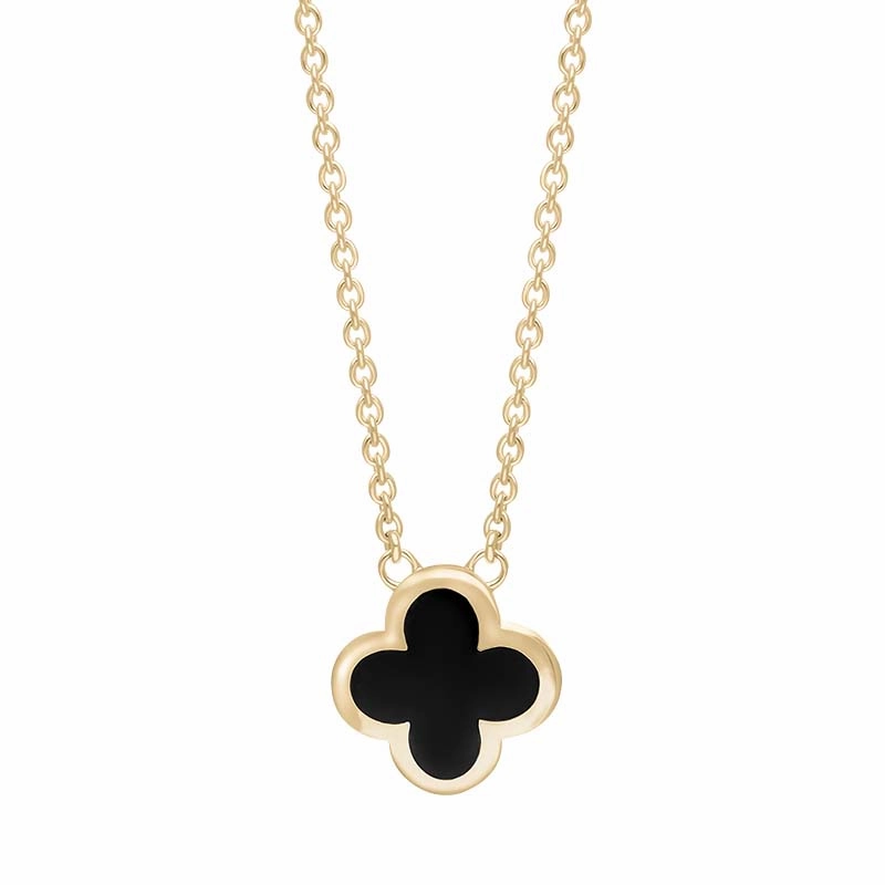 18ct Yellow Gold Whitby Jet Bloom Small Four Leaf Clover Polished Edge Pendant