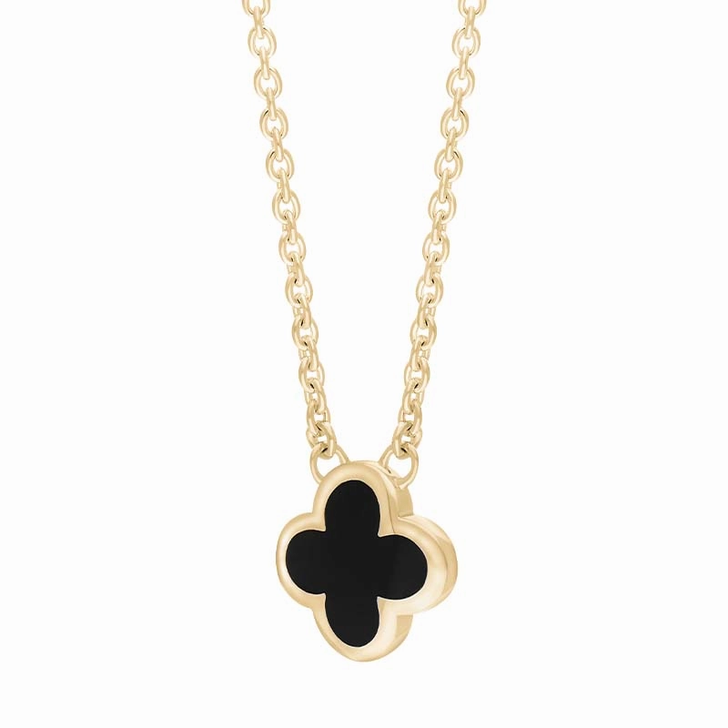 18ct Yellow Gold Whitby Jet Bloom Small Four Leaf Clover Polished Edge Pendant
