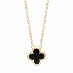 18ct Yellow Gold Whitby Jet Bloom Small Four Leaf Clover Polished Edge Pendant