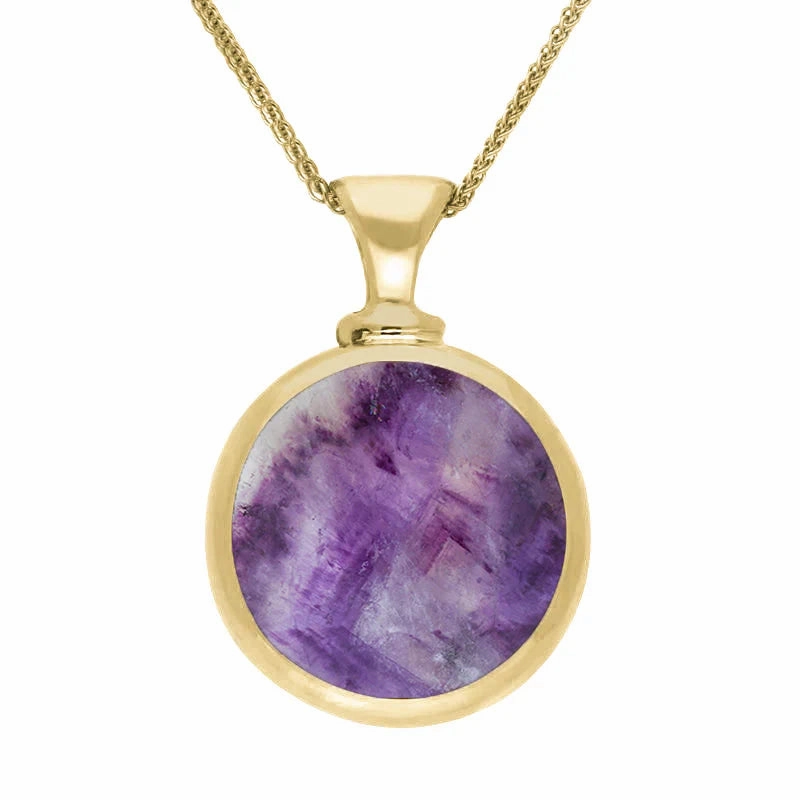 18ct Yellow Gold Whitby Jet Blue John Double Sided Round Dinky Fob Necklace D