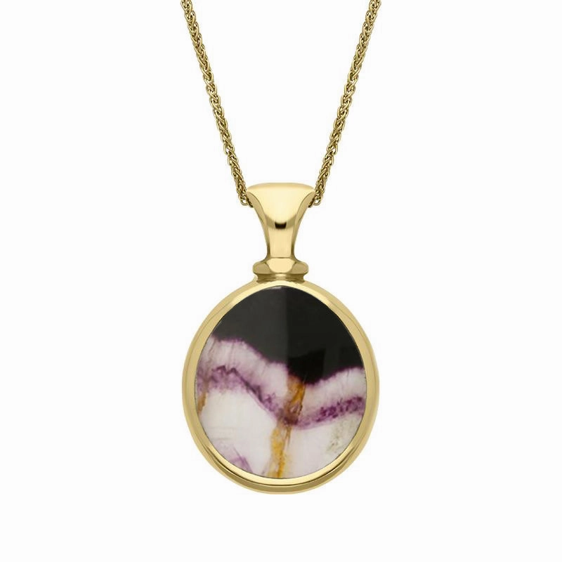 18ct Yellow Gold Whitby Jet Blue John Small Double Sided Pear Fob Necklace
