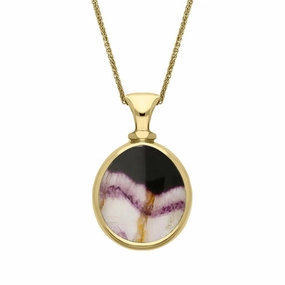 18ct Yellow Gold Whitby Jet Blue John Small Double Sided Pear Fob Necklace