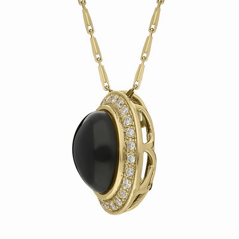 18ct Yellow Gold Whitby Jet Diamond Oval Pave Set Necklace