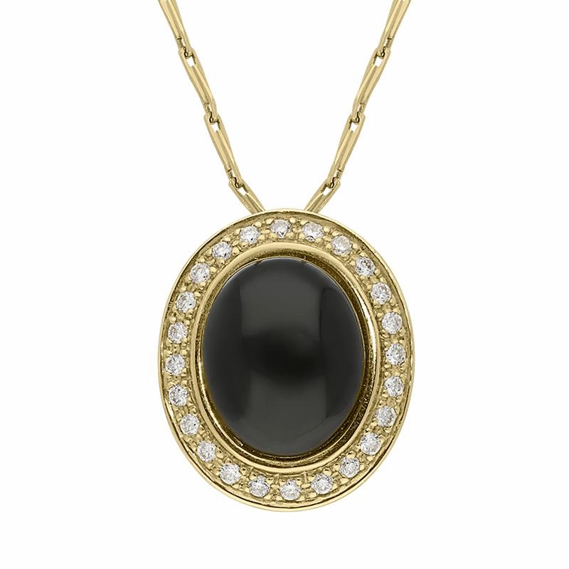 18ct Yellow Gold Whitby Jet Diamond Oval Pave Set Necklace