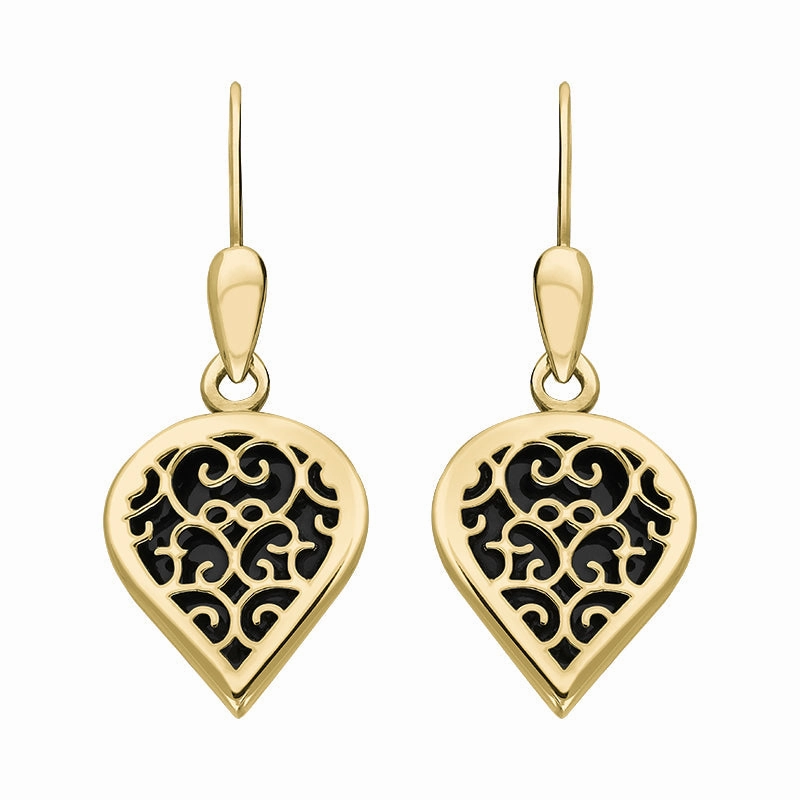 18ct Yellow Gold Whitby Jet Flore Filigree Heart Drop Earrings