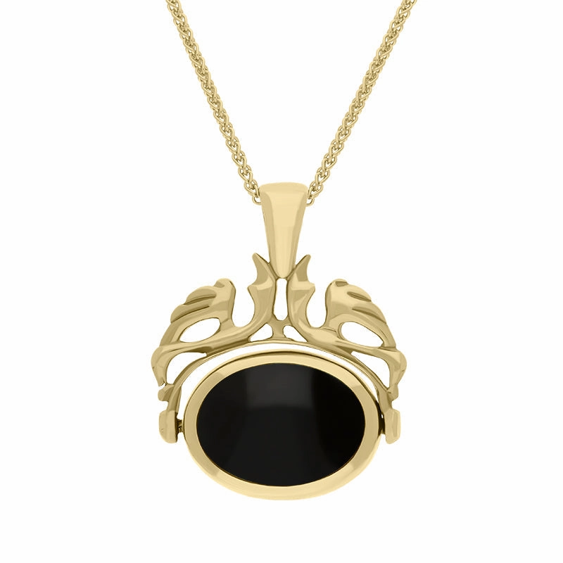 18ct Yellow Gold Whitby Jet Lapis Lazuli Double Sided Oval Swivel Fob Necklace