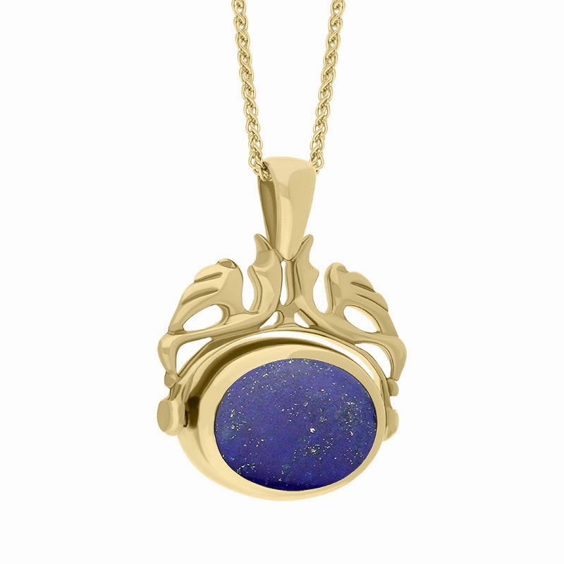 18ct Yellow Gold Whitby Jet Lapis Lazuli Double Sided Oval Swivel Fob Necklace