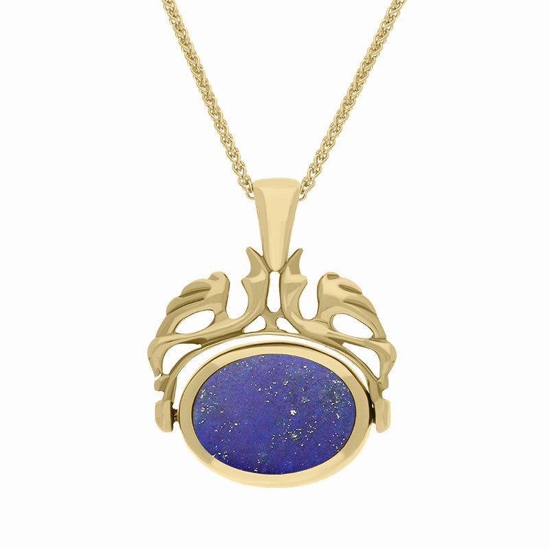 18ct Yellow Gold Whitby Jet Lapis Lazuli Double Sided Oval Swivel Fob Necklace