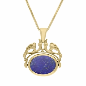18ct Yellow Gold Whitby Jet Lapis Lazuli Double Sided Oval Swivel Fob Necklace