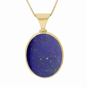 18ct Yellow Gold Whitby Jet Lapis Lazuli Hallmark Double Sided Oval Necklace