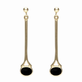 18ct Yellow Gold Whitby Jet Long Drop Earrings
