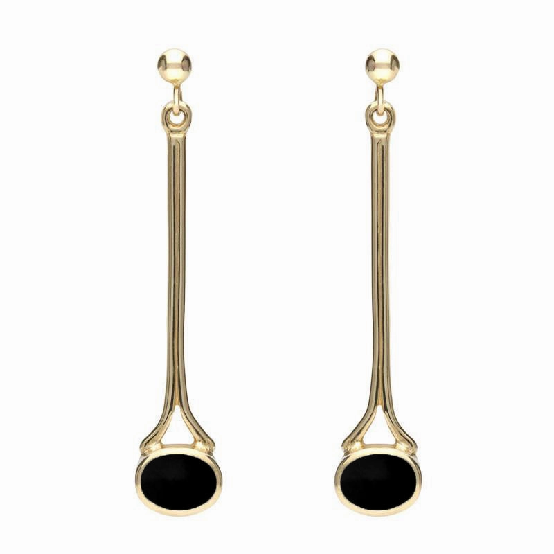 18ct Yellow Gold Whitby Jet Long Drop Earrings