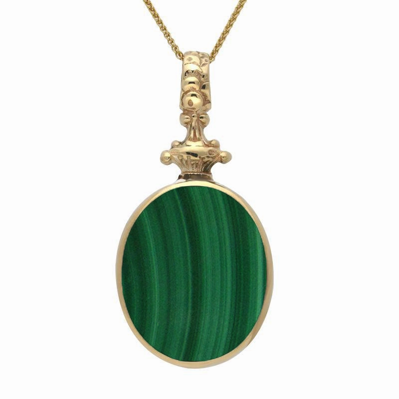 18ct Yellow Gold Whitby Jet Malachite Double Sided Oval Fob Necklace