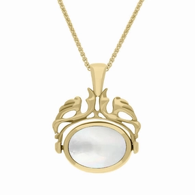 18ct Yellow Gold Whitby Jet Mother Of Pearl Double Sided Swivel Fob Necklace